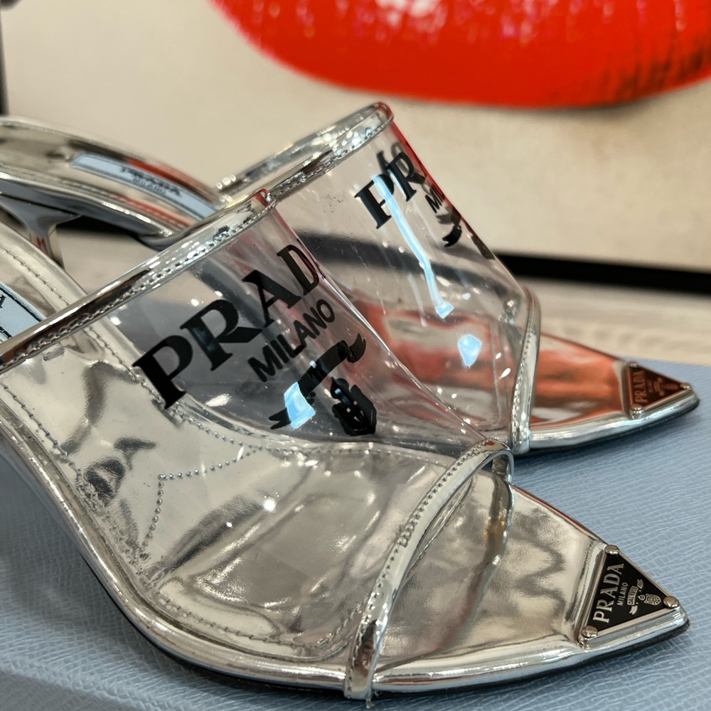 PRADA Logo-print Plexiglas high-heel slides EU:35.5 - Picture 9 of 12